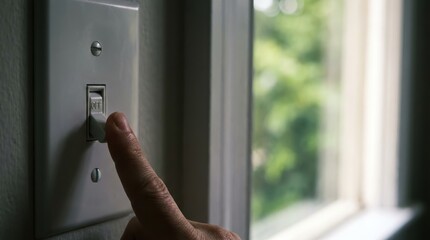 Naklejka premium A hand reaching to turn off a light switch next to a window, with natural light illuminating the scene and greenery visible outside.
