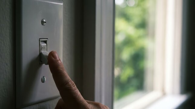 A hand reaching to turn off a light switch next to a window, with natural light illuminating the scene and greenery visible outside.