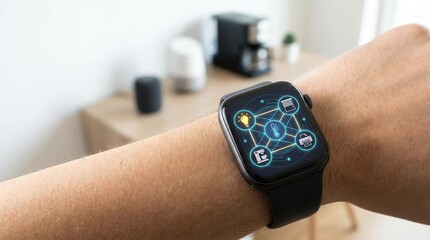 A modern smartwatch displaying various apps and notifications on a person's wrist, set against a minimalist background.