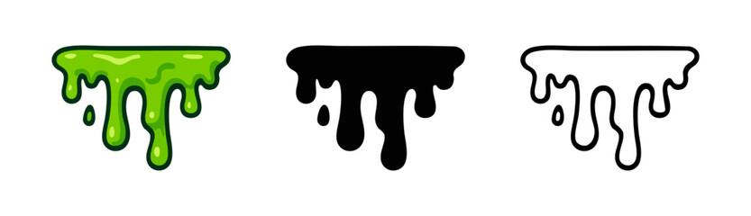 Green dripping goo set: vibrant cartoon style, solid black silhouette, and bold outline. Perfect for Halloween, science, horror, or toxic themes.