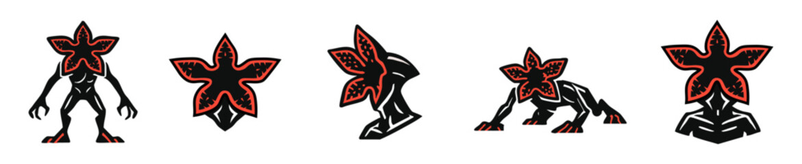 A collection of stylized black and red vector illustrations depicting the iconic Demogorgon creature from the popular sci-fi horror series Stranger Things, in various dynamic poses.