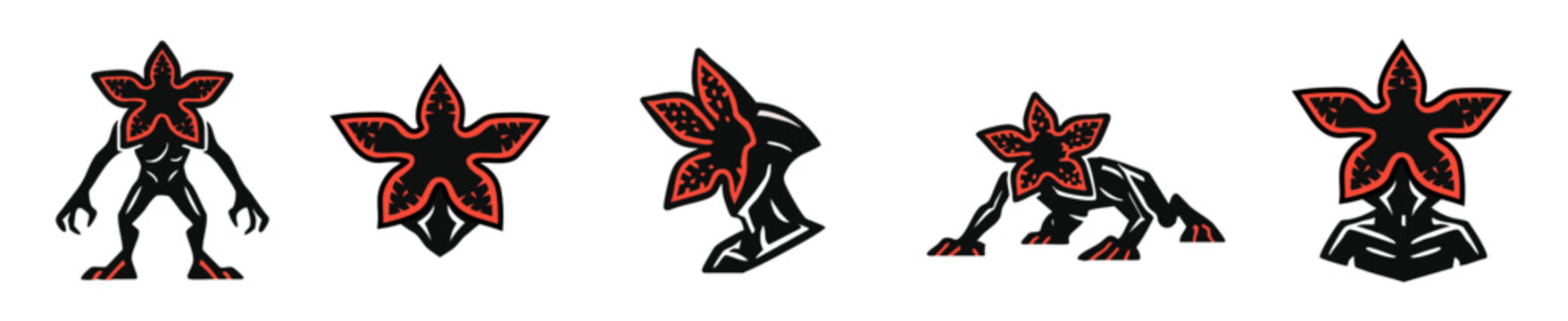 A collection of stylized black and red vector illustrations depicting the iconic Demogorgon creature from the popular sci-fi horror series Stranger Things, in various dynamic poses.