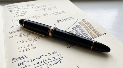 A sleek black pen rests on an open notebook filled with calculations and graphs, showcasing academic subjects like calculus and physics.