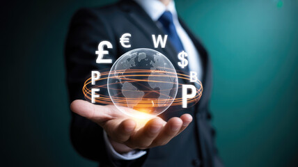 Businessman presenting global financial concept with currency symbols