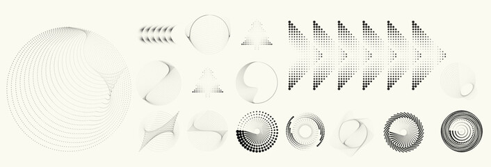 Fototapeta premium Linear, circular halftone dots circles set, dotted ring and spiral circle shapes for modern design, technology, or motion graphic backgrounds. Dotted round elements, radial spirals, and vortex.