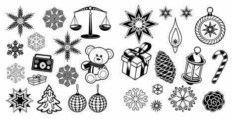 Obraz premium Christmas icons and symbols in black and white illustration