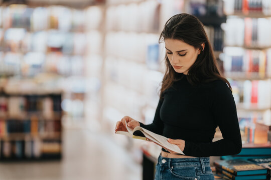 A woman in a black top and jeans reads a pamphlet in a well-lit bookstore, surrounded by shelves of books for a calm, studious mood.