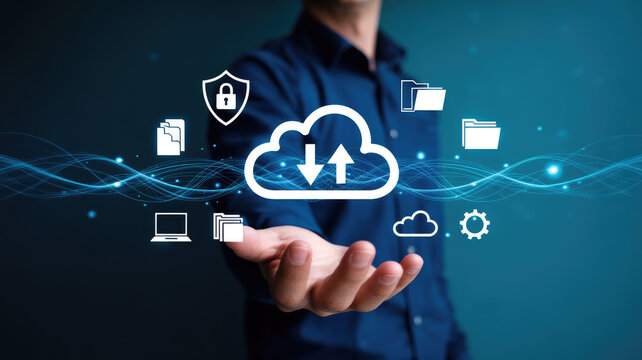 Man presenting cloud computing concept with data storage icons - Powered by Adobe