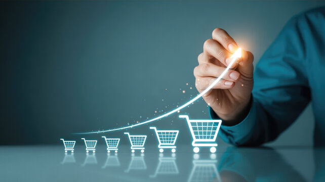 Businessman drawing growing shopping cart graph with glowing line - Powered by Adobe