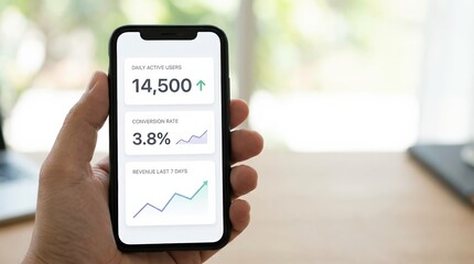 A hand holds a smartphone displaying key performance metrics, including daily active users, conversion rate, and revenue trends.