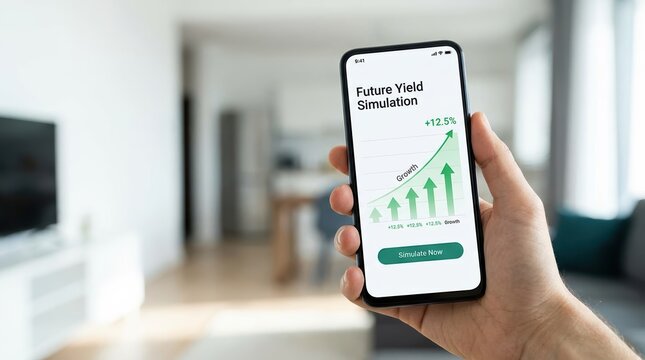 A person holds a smartphone displaying a graph showing future yield simulation with upward trends, indicating potential growth. - Powered by Adobe