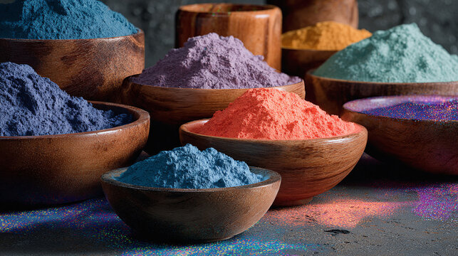 Vibrant Bowls of Colored Powder on a Table