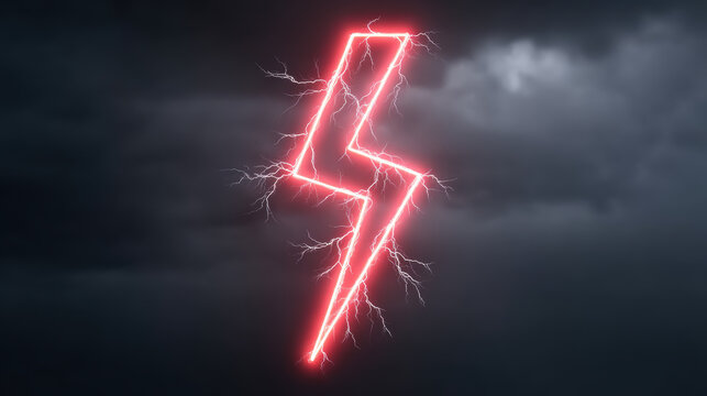 Powerful red neon lightning bolt symbol glowing with intense energy. dramatic flash of light against dark storm sky creates an electric and powerful background