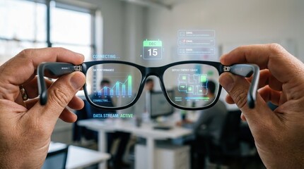 A person holds smart glasses displaying data and analytics in a modern office environment.