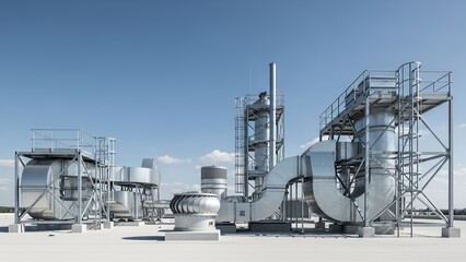 Industrial rooftop with blue sky.