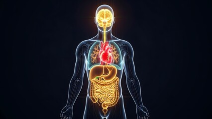 Detailed Glowing Illustration of Human Internal Organs and Systems on Dark Background