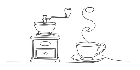 Continuous line drawing of a vintage coffee grinder and a steaming cup of coffee Vector, illustration