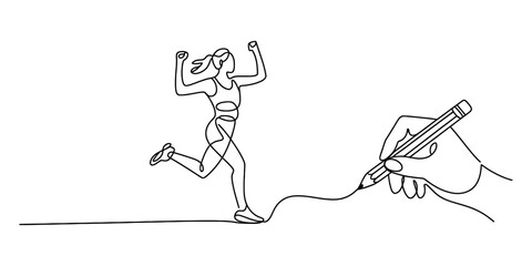 Continuous line drawing of a running woman celebrating victory created by a hand with pencil Vector, illustration