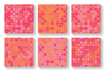 A set of seamless patterns with abstract monochrome geometric figures - circles of different size and randomly coloured. Use it as a wallpaper, gift paper, for textile and fabrics.