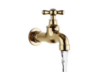 Macro shot of a highly polished brass vintage faucet with a knurled cross-handle tap, running a thick stream of crystal clear water on a brilliant white background, copy space. Concept of pure water