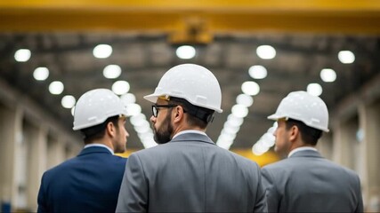 Business professionals in hard hats inspecting industrial factory floor. Engineers and managers surveying manufacturing facility.