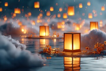 Lantern festival at night with floating warm glowing lanterns, soft reflections on nearby water
