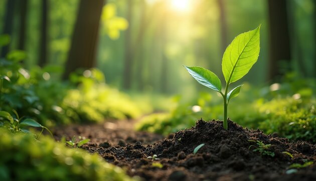 Young plant sprouts from dark soil in sunny forest. Green leaves grow toward bright sunlight. Fresh nature scene in lush woods. New life begins.