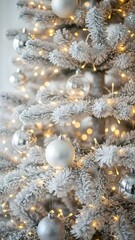 A beautiful flocked white christmas tree decorated with silver ornaments and warm lights