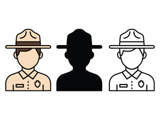 Three ranger hats and faceless portraits in different styles and colors