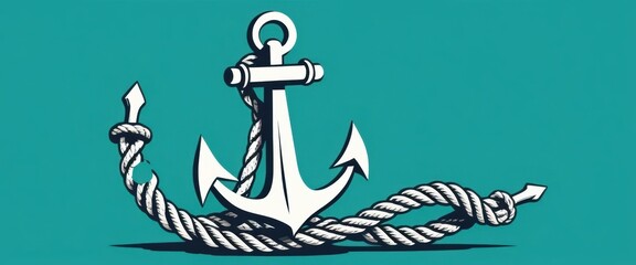 Illustrative white ship anchor secured by a coiled rope on a clean teal background