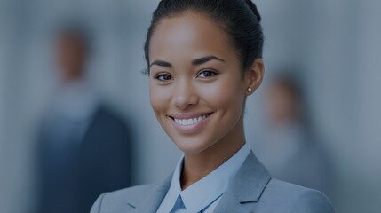 Professional woman smiling confidently in a business environment, showcasing positivity and approachability among colleagues in an office setting
