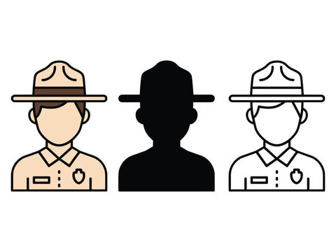 Three ranger hats and faceless portraits in different styles and colors