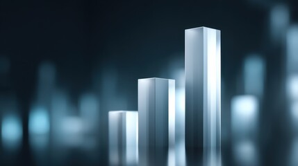 Modern Abstract Financial Growth Concept with Three Glass Bars Representing Data Analysis and Market Progress in a Blue and Black Background