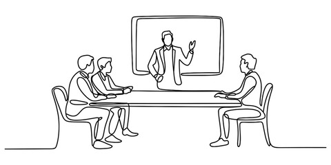A continuous single line drawing illustrating a business meeting or presentation at work. Vector, illustration