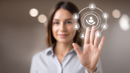 Woman Interacting with Digital Interface Icons for Communication and Networking Connections in Modern Professional Environment