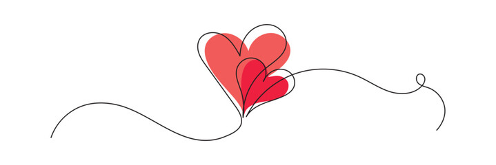 Two Red hearts continuous one line drawing .Decorative swirling heart symbol suitable for Valentine’s Day, wedding, love logo, romance , and relationship concepts. Clean minimal vector illustration.