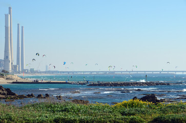 Israeli Mediterranean coastline and Orot Rabin power plant view