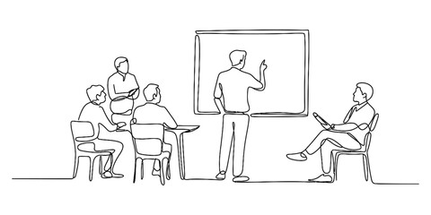 Continuous line drawing of a business meeting or classroom presentation with group interaction Vector, illustration