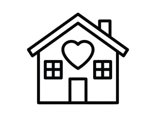 Simple line drawing of a house with a heart shaped window design