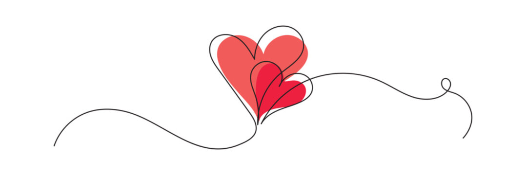 Two Red hearts continuous one line drawing .Decorative swirling heart symbol suitable for Valentine&rsquo;s Day, wedding, love logo, romance , and relationship concepts. Clean minimal vector illustration.