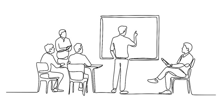 Continuous line drawing of a business meeting or classroom presentation with group interaction Vector, illustration