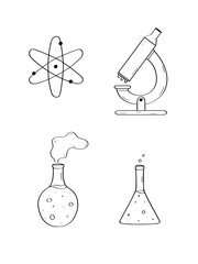 Atom model, microscope and tube doodle icons for scientific experiments and research. Vector illustration of a sketch on a white background.