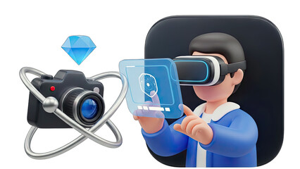 3D Man Interacting with VR and Camera - Futuristic Technology