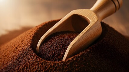 Close-up of rich, dark roasted coffee grounds being scooped with a wooden spoon, highlighting the texture and aroma of the beans