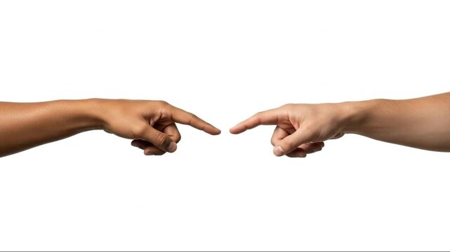 Diverse hands with different skin tones pointing fingers towards each other, symbolizing connection, interaction, and unity on white