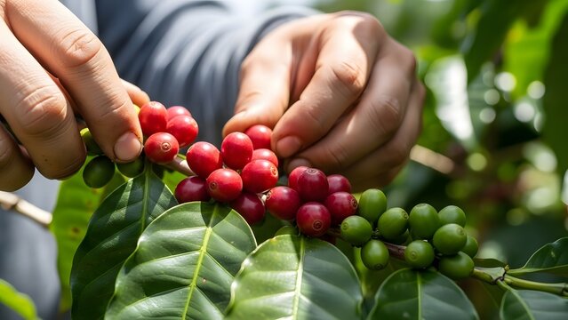 Close-up of hands picking ripe coffee cherries from a coffee plant branch - Powered by Adobe