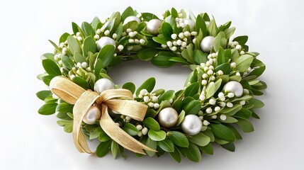 Elegant circular holiday wreath crafted from natural green foliage accented with small white berries shimmering silver and gold baubles and a luxurious gold ribbon bow