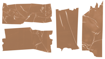 Isolated brown adhesive tape pieces with crumpled textures and torn edges on a white background, ideal for adding a distressed or rustic aesthetic to design projects