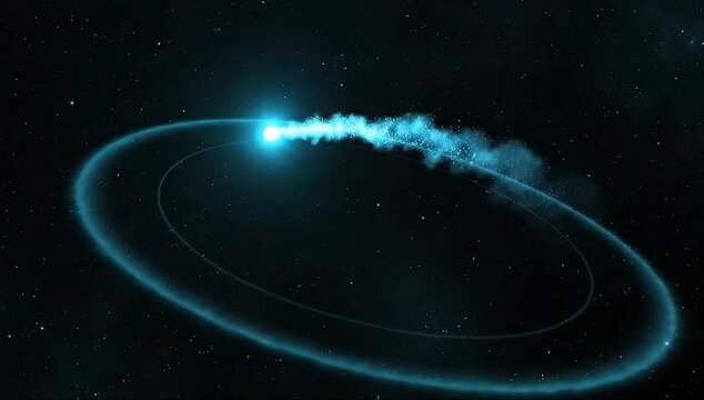 A luminous blue streak cuts through deep space along a glowing curved ring, starfields around. Vast!