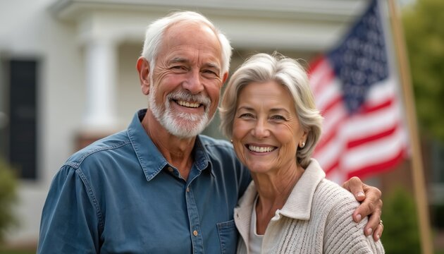 Smiling older couple embraces in front of American flag. They stand happily outdoors near a house representing patriotism and family values, enduring love and unity.